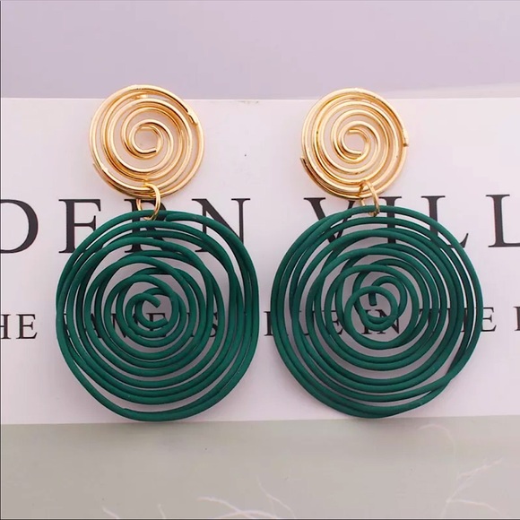 "Kendra" Asymmetrical Retro Hoop Gold Turquoise Abstract Art Geometric Earrings - Picture 4 of 10